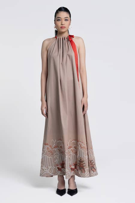 Pocketful Of Cherrie Beige Viscose, Satin, Twill, Poplin Embroidery Japanese Temple Bloom Maxi Dress Online at Aza Fashions Pocketful Of Cherrie_Beige Viscose, Satin, Twill, Poplin Embroidery Japanese Temple Bloom Maxi Dress _Online_at_Aza_Fashions