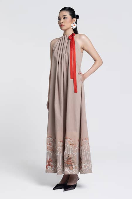 Buy Pocketful Of Cherrie Beige Viscose, Satin, Twill, Poplin Embroidery Japanese Temple Bloom Maxi Dress Online at Aza Fashions Buy_Pocketful Of Cherrie_Beige Viscose, Satin, Twill, Poplin Embroidery Japanese Temple Bloom Maxi Dress _Online_at_Aza_Fashions
