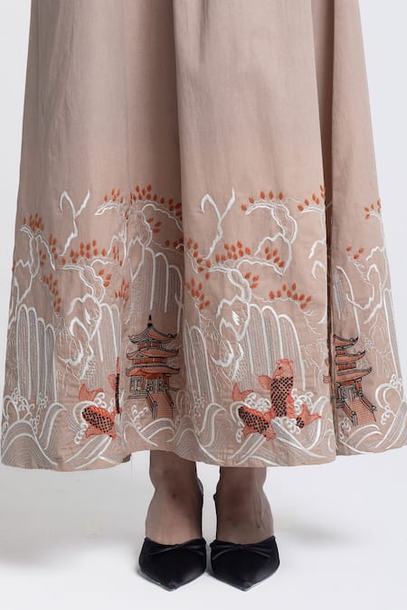 Shop Pocketful Of Cherrie Beige Viscose, Satin, Twill, Poplin Embroidery Japanese Temple Bloom Maxi Dress Online at Aza Fashions Shop_Pocketful Of Cherrie_Beige Viscose, Satin, Twill, Poplin Embroidery Japanese Temple Bloom Maxi Dress _Online_at_Aza_Fashions