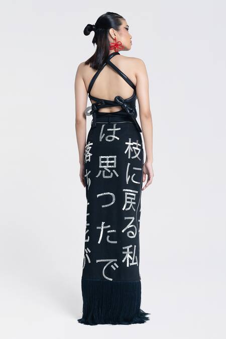 Shop Pocketful Of Cherrie Black Canvas, Polyester Fringe Zenith Infinity Skirt at Aza Fashions Shop_Pocketful Of Cherrie_Black Canvas, Polyester Fringe Zenith Infinity Skirt_at_Aza_Fashions