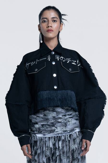 Pocketful Of Cherrie Black Canvas Embroidery Collared Dark Halo Crop Jacket Online at Aza Fashions Pocketful Of Cherrie_Black Canvas Embroidery Collared Dark Halo Crop Jacket _Online_at_Aza_Fashions