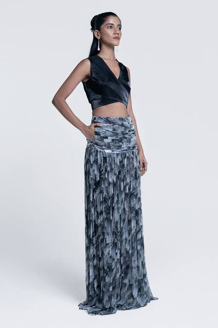 Shop Pocketful Of Cherrie Grey Viscose, Chiffon, Satin Sumi Gazette Gathered Skirt Online at Aza Fashions Shop_Pocketful Of Cherrie_Grey Viscose, Chiffon, Satin Sumi Gazette Gathered Skirt _Online_at_Aza_Fashions