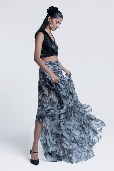 Pocketful Of Cherrie Grey Viscose, Chiffon, Satin Sumi Gazette Gathered Skirt at Aza Fashions Pocketful Of Cherrie_Grey Viscose, Chiffon, Satin Sumi Gazette Gathered Skirt _at_Aza_Fashions