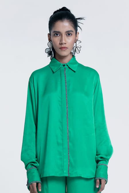 Pocketful Of Cherrie Green Viscose, Satin Embroidery, Beads Collared Echo Embellished Placket Shirt Online at Aza Fashions Pocketful Of Cherrie_Green Viscose, Satin Embroidery, Beads Collared Echo Embellished Placket Shirt _Online_at_Aza_Fashions