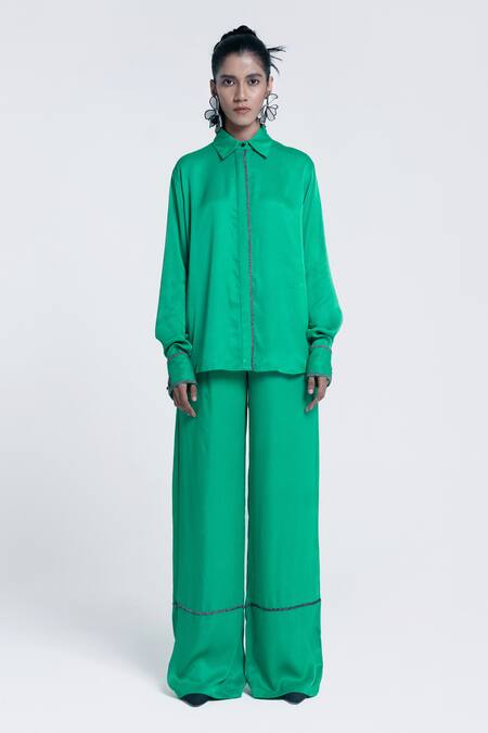 Buy Pocketful Of Cherrie Green Viscose, Satin Embroidery, Beads Collared Echo Embellished Placket Shirt Online at Aza Fashions Buy_Pocketful Of Cherrie_Green Viscose, Satin Embroidery, Beads Collared Echo Embellished Placket Shirt _Online_at_Aza_Fashions