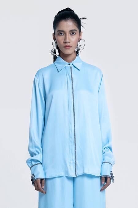 Pocketful Of Cherrie Blue Viscose, Satin Embroidery, Beads Collared Echo Embellished Placket Shirt Online at Aza Fashions Pocketful Of Cherrie_Blue Viscose, Satin Embroidery, Beads Collared Echo Embellished Placket Shirt _Online_at_Aza_Fashions