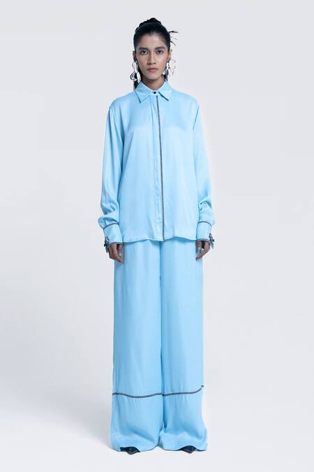 Buy Pocketful Of Cherrie Blue Viscose, Satin Embroidery, Beads Collared Echo Embellished Placket Shirt Online at Aza Fashions Buy_Pocketful Of Cherrie_Blue Viscose, Satin Embroidery, Beads Collared Echo Embellished Placket Shirt _Online_at_Aza_Fashions