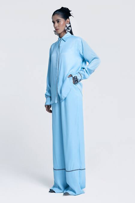 Shop Pocketful Of Cherrie Blue Viscose, Satin Embroidery, Beads Collared Echo Embellished Placket Shirt Online at Aza Fashions Shop_Pocketful Of Cherrie_Blue Viscose, Satin Embroidery, Beads Collared Echo Embellished Placket Shirt _Online_at_Aza_Fashions