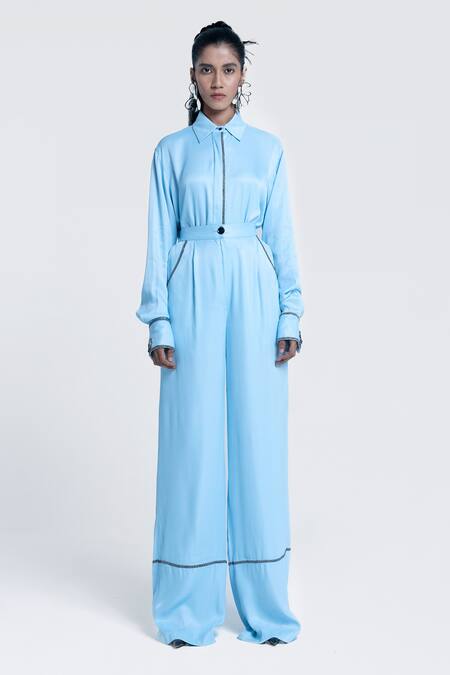 Pocketful Of Cherrie Blue Viscose, Satin Embroidery, Beads Collared Echo Embellished Placket Shirt at Aza Fashions Pocketful Of Cherrie_Blue Viscose, Satin Embroidery, Beads Collared Echo Embellished Placket Shirt _at_Aza_Fashions