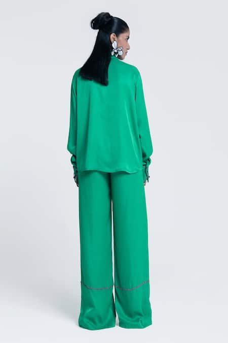 Shop Pocketful Of Cherrie Green Viscose, Satin Beads, Embroidery Echo Embellished Straight Trouser at Aza Fashions Shop_Pocketful Of Cherrie_Green Viscose, Satin Beads, Embroidery Echo Embellished Straight Trouser _at_Aza_Fashions
