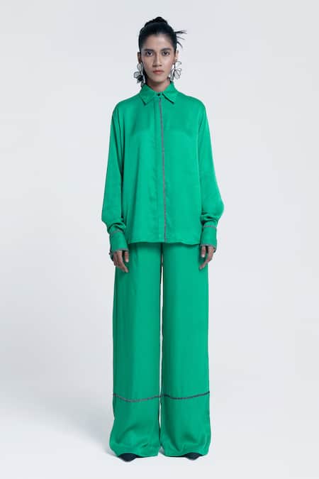 Pocketful Of Cherrie Green Viscose, Satin Beads, Embroidery Echo Embellished Straight Trouser Online at Aza Fashions Pocketful Of Cherrie_Green Viscose, Satin Beads, Embroidery Echo Embellished Straight Trouser _Online_at_Aza_Fashions