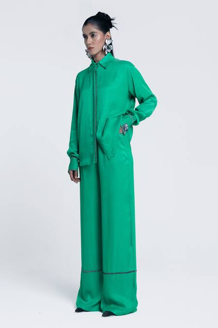 Buy Pocketful Of Cherrie Green Viscose, Satin Beads, Embroidery Echo Embellished Straight Trouser Online at Aza Fashions Buy_Pocketful Of Cherrie_Green Viscose, Satin Beads, Embroidery Echo Embellished Straight Trouser _Online_at_Aza_Fashions