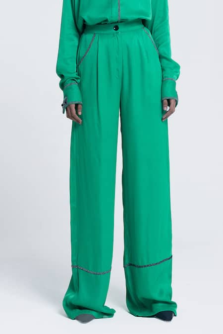 Shop Pocketful Of Cherrie Green Viscose, Satin Beads, Embroidery Echo Embellished Straight Trouser Online at Aza Fashions Shop_Pocketful Of Cherrie_Green Viscose, Satin Beads, Embroidery Echo Embellished Straight Trouser _Online_at_Aza_Fashions