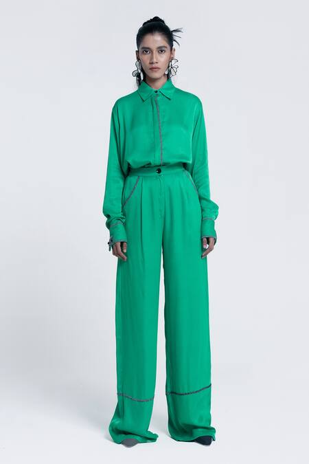 Pocketful Of Cherrie Green Viscose, Satin Beads, Embroidery Echo Embellished Straight Trouser at Aza Fashions Pocketful Of Cherrie_Green Viscose, Satin Beads, Embroidery Echo Embellished Straight Trouser _at_Aza_Fashions