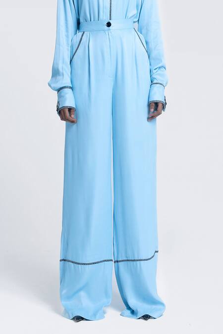 Shop Pocketful Of Cherrie Blue Viscose, Satin Embroidery, Beads Echo Embellished Straight Trouser Online at Aza Fashions Shop_Pocketful Of Cherrie_Blue Viscose, Satin Embroidery, Beads Echo Embellished Straight Trouser _Online_at_Aza_Fashions