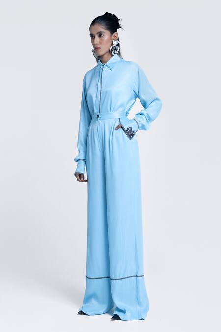 Buy Pocketful Of Cherrie Blue Viscose, Satin Embroidery, Beads Echo Embellished Straight Trouser Buy_Pocketful Of Cherrie_Blue Viscose, Satin Embroidery, Beads Echo Embellished Straight Trouser