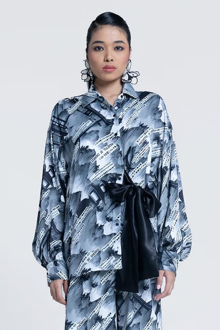 Pocketful Of Cherrie_Grey Viscose, Satin Collared Sumi Gazette Tie Up Shirt _Online_at_Aza_Fashions