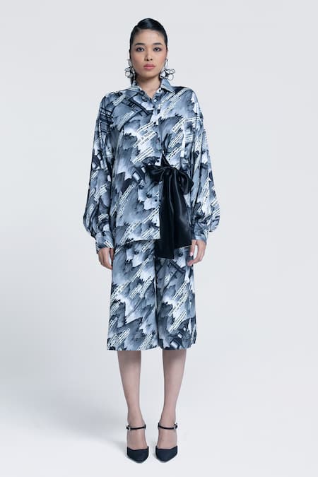 Buy_Pocketful Of Cherrie_Grey Viscose, Satin Collared Sumi Gazette Tie Up Shirt _Online_at_Aza_Fashions