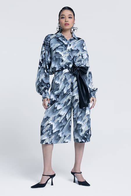 Pocketful Of Cherrie_Grey Viscose, Satin Collared Sumi Gazette Tie Up Shirt _at_Aza_Fashions