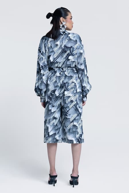 Shop Pocketful Of Cherrie Grey Viscose, Satin Sumi Gazette Printed Culotte at Aza Fashions Shop_Pocketful Of Cherrie_Grey Viscose, Satin Sumi Gazette Printed Culotte _at_Aza_Fashions