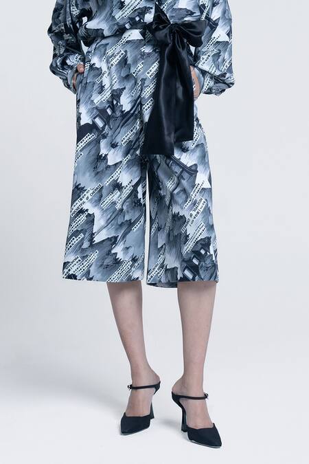 Shop Pocketful Of Cherrie Grey Viscose, Satin Sumi Gazette Printed Culotte Online at Aza Fashions Shop_Pocketful Of Cherrie_Grey Viscose, Satin Sumi Gazette Printed Culotte _Online_at_Aza_Fashions