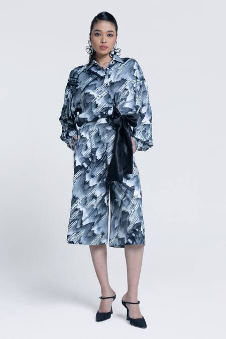 Pocketful Of Cherrie Grey Viscose, Satin Sumi Gazette Printed Culotte at Aza Fashions Pocketful Of Cherrie_Grey Viscose, Satin Sumi Gazette Printed Culotte _at_Aza_Fashions