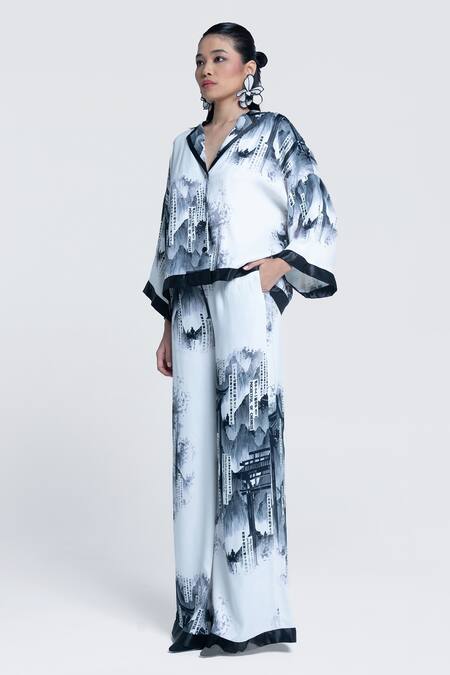 Buy Pocketful Of Cherrie White Viscose, Satin Collared Faded Gazette Print Shirt Online at Aza Fashions Buy_Pocketful Of Cherrie_White Viscose, Satin Collared Faded Gazette Print Shirt _Online_at_Aza_Fashions