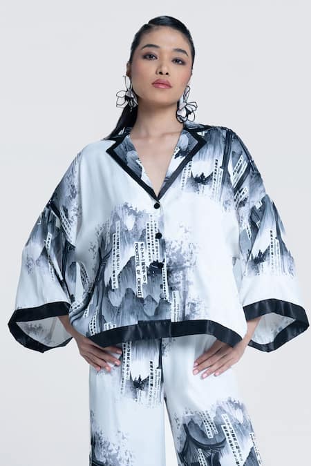Shop Pocketful Of Cherrie White Viscose, Satin Collared Faded Gazette Print Shirt Online at Aza Fashions Shop_Pocketful Of Cherrie_White Viscose, Satin Collared Faded Gazette Print Shirt _Online_at_Aza_Fashions