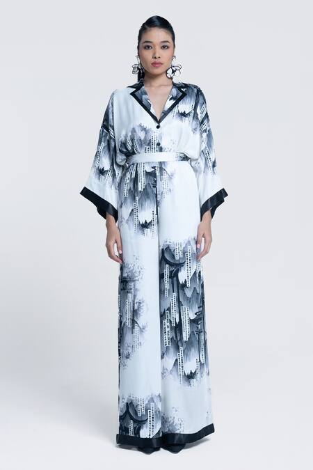 Pocketful Of Cherrie White Viscose, Satin Collared Faded Gazette Print Shirt at Aza Fashions Pocketful Of Cherrie_White Viscose, Satin Collared Faded Gazette Print Shirt _at_Aza_Fashions