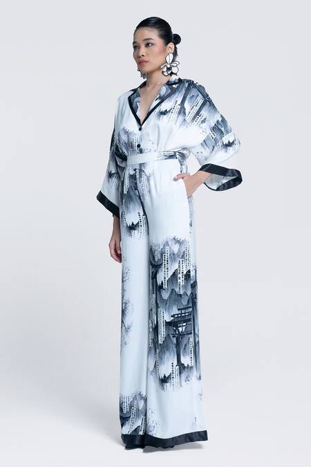 Buy Pocketful Of Cherrie White Viscose, Satin Collared Faded Gazette Print Shirt Buy_Pocketful Of Cherrie_White Viscose, Satin Collared Faded Gazette Print Shirt