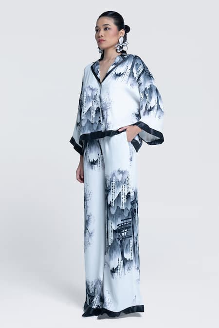 Buy Pocketful Of Cherrie White Viscose, Satin Faded Gazette Wide Leg Trouser Online at Aza Fashions Buy_Pocketful Of Cherrie_White Viscose, Satin Faded Gazette Wide Leg Trouser _Online_at_Aza_Fashions