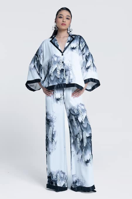 Shop Pocketful Of Cherrie White Viscose, Satin Faded Gazette Wide Leg Trouser Online at Aza Fashions Shop_Pocketful Of Cherrie_White Viscose, Satin Faded Gazette Wide Leg Trouser _Online_at_Aza_Fashions