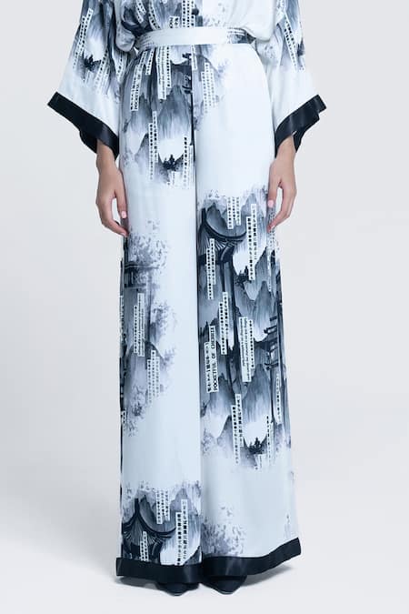 Pocketful Of Cherrie White Viscose, Satin Faded Gazette Wide Leg Trouser at Aza Fashions Pocketful Of Cherrie_White Viscose, Satin Faded Gazette Wide Leg Trouser _at_Aza_Fashions