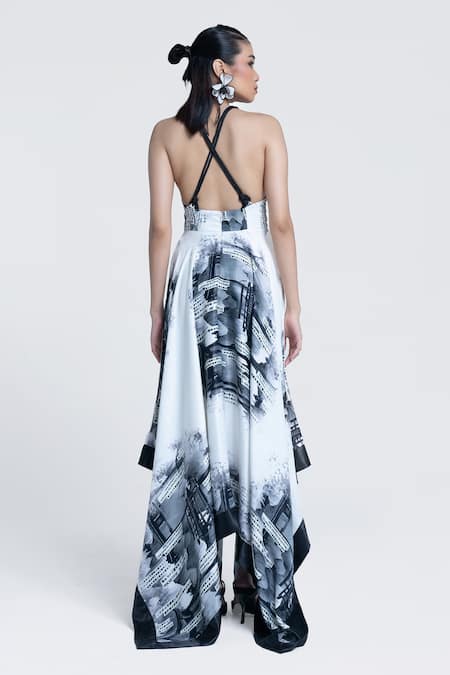 Pocketful Of Cherrie White Viscose, Satin Halter Neck Faded Gazette Handkerchief Dress Online at Aza Fashions Pocketful Of Cherrie_White Viscose, Satin Halter Neck Faded Gazette Handkerchief Dress _Online_at_Aza_Fashions