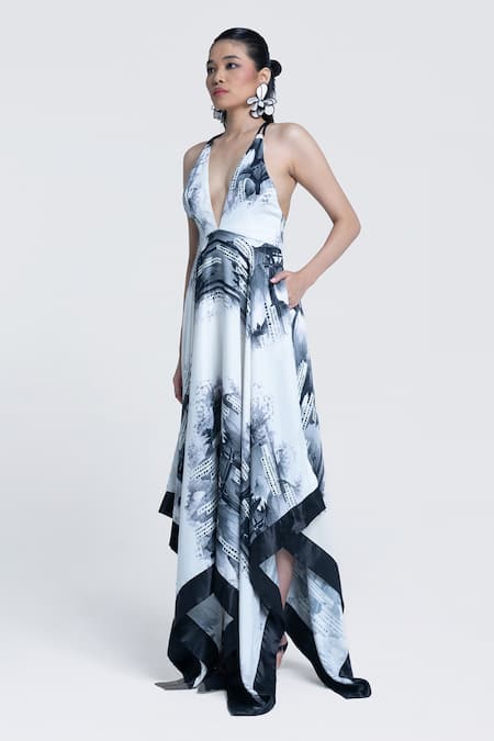 Shop Pocketful Of Cherrie White Viscose, Satin Halter Neck Faded Gazette Handkerchief Dress Online at Aza Fashions Shop_Pocketful Of Cherrie_White Viscose, Satin Halter Neck Faded Gazette Handkerchief Dress _Online_at_Aza_Fashions