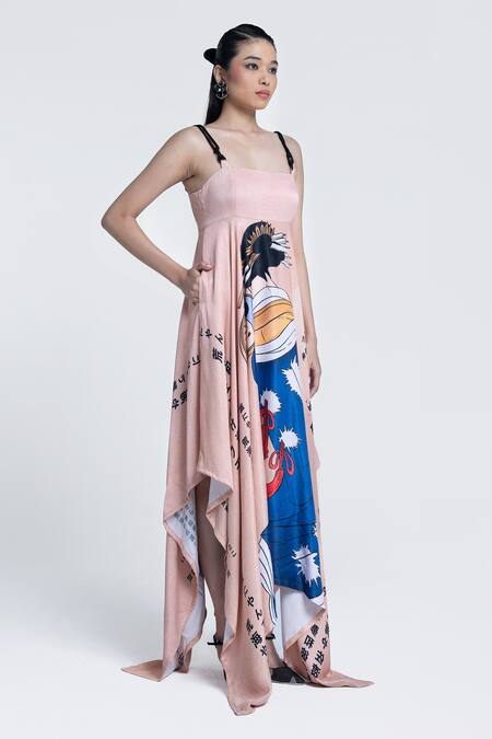 Pocketful Of Cherrie Pink Viscose, Satin Square Neck Edo Muse Print Handkerchief Dress Online at Aza Fashions Pocketful Of Cherrie_Pink Viscose, Satin Square Neck Edo Muse Print Handkerchief Dress _Online_at_Aza_Fashions