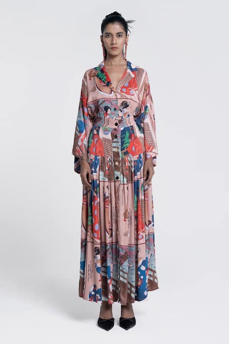 Pocketful Of Cherrie_Beige Viscose, Satin Collared Miko Muse Gathered Dress _Online_at_Aza_Fashions