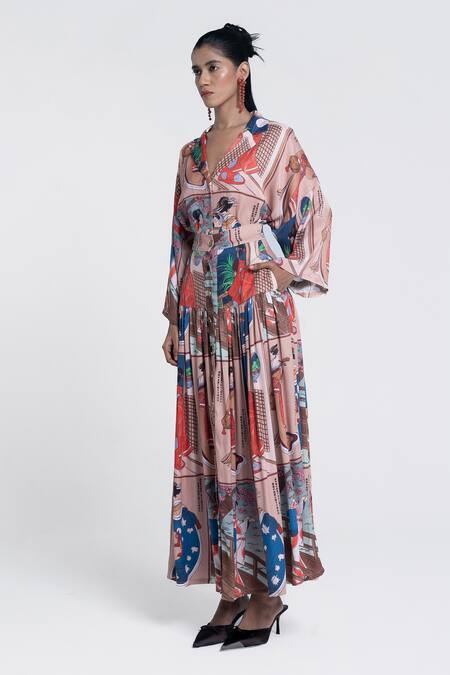 Buy_Pocketful Of Cherrie_Beige Viscose, Satin Collared Miko Muse Gathered Dress _Online_at_Aza_Fashions