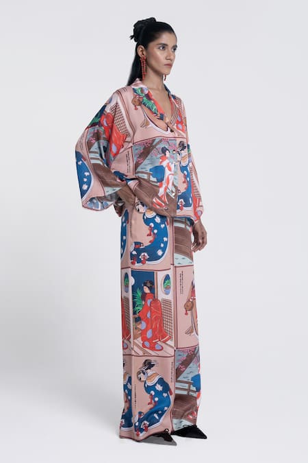 Shop Pocketful Of Cherrie Beige Viscose, Satin Collared Miko Muse Print Shirt Online at Aza Fashions Shop_Pocketful Of Cherrie_Beige Viscose, Satin Collared Miko Muse Print Shirt _Online_at_Aza_Fashions