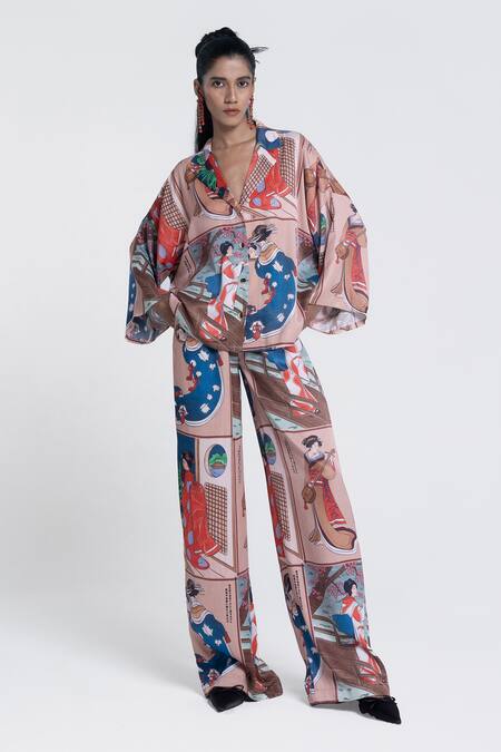 Pocketful Of Cherrie Beige Viscose, Satin Collared Miko Muse Print Shirt at Aza Fashions Pocketful Of Cherrie_Beige Viscose, Satin Collared Miko Muse Print Shirt _at_Aza_Fashions