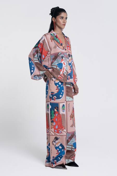 Shop_Pocketful Of Cherrie_Beige Viscose, Satin Miko Muse Print Straight Trouser _Online_at_Aza_Fashions