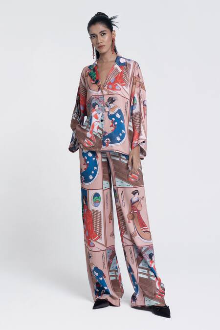 Pocketful Of Cherrie_Beige Viscose, Satin Miko Muse Print Straight Trouser _at_Aza_Fashions