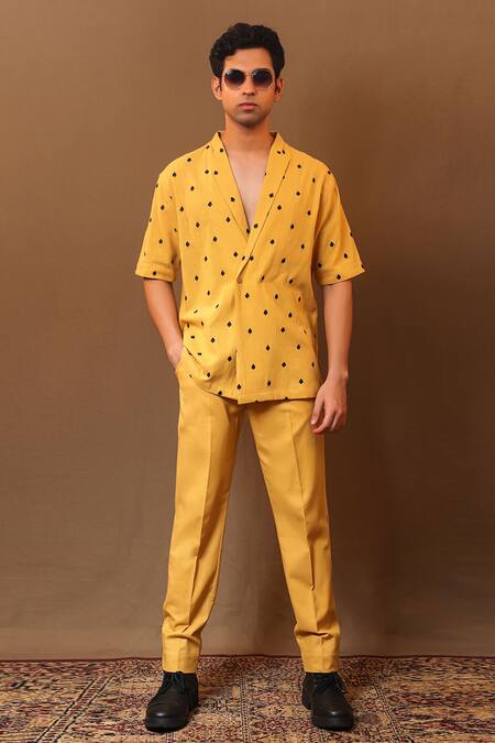 MATI_1_Yellow Cotton Embroidery Spade Overlap Bluff Jacket _Online_at_Aza_Fashions