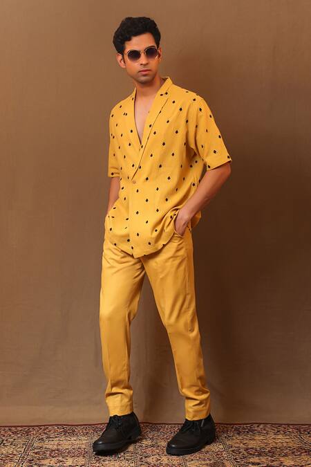 Buy_MATI_1_Yellow Cotton Embroidery Spade Overlap Bluff Jacket _Online_at_Aza_Fashions