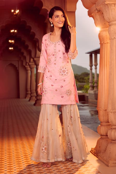 Shop Aariyana Couture Multi Color Bamboo, Organza, Satin, Viscose Embroidery Floral Kurta Sharara Set Shop_Aariyana Couture_Multi Color Bamboo, Organza, Satin, Viscose Embroidery Floral Kurta Sharara Set
