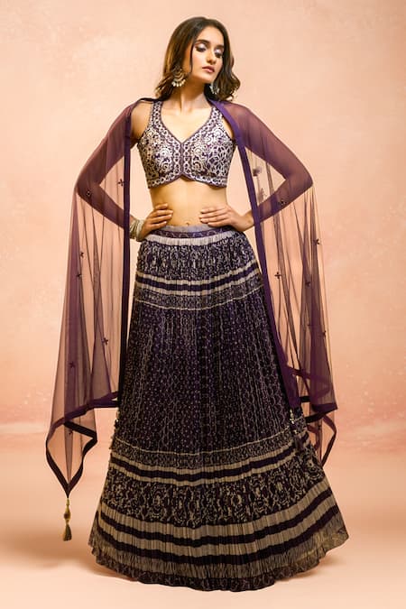 Alaya Advani Purple Blouse Raw Silk Printed Floral Work V Neck Jaal Pleated Lehenga Set 