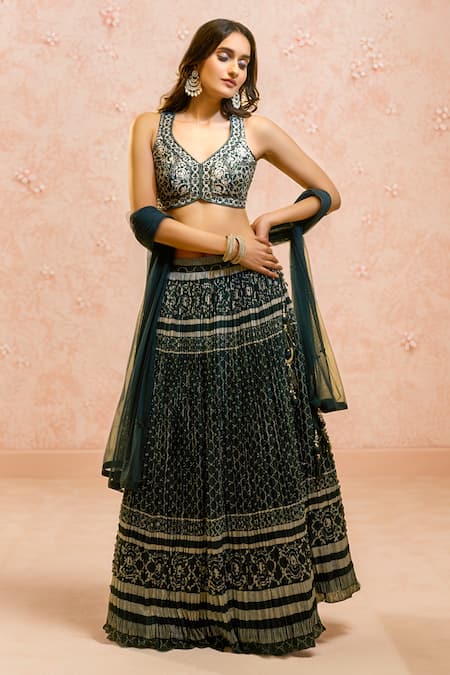 Alaya Advani Green Blouse Raw Silk Printed Floral Work V Neck And Pleated Lehenga Set 