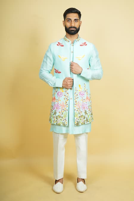 Zardozi Zari Floral Embroidered Long Bundi Set 
