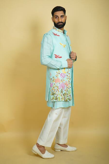 Zardozi Zari_Blue Silk Embroidery Floral Long Bundi Set _at_Aza_Fashions
