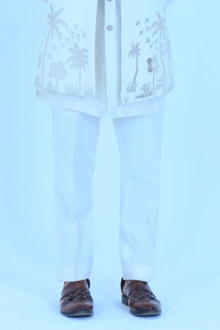 Zardozi Zari_White , Satin Zari, Embroidery Bird Long Bundi And Kurta Set _Online_at_Aza_Fashions